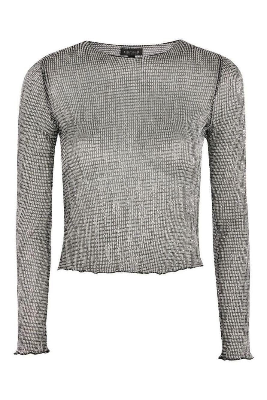 Topshop Silver Black Crewneck Long Sleeve Mesh Sheer Stretch Fitted Shirt Size 4